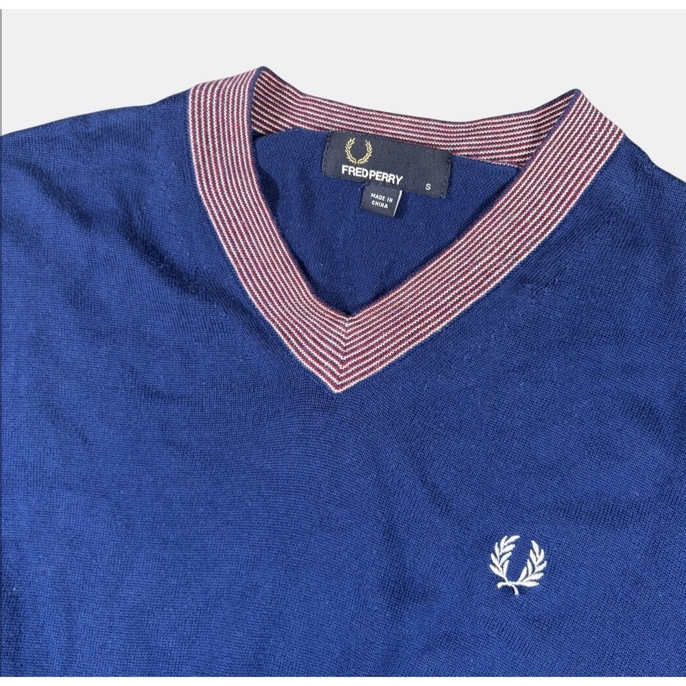 Fred Perry Tipped Cotton V Neck Jumper Mens Navy Scooter Casuals Sz Small